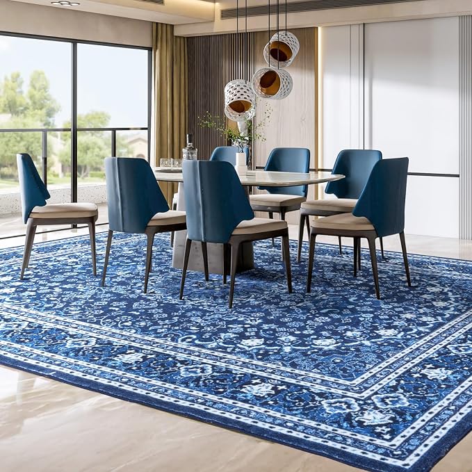 Lessymo Machine Washable Area Rug 5x7 - Super Soft Faux-Wool Area Rug for Living Room Bedroom, Boho Vintage Floral Medallion Non-Slip Low Pile, Kid & Pet Friendly, Blue White