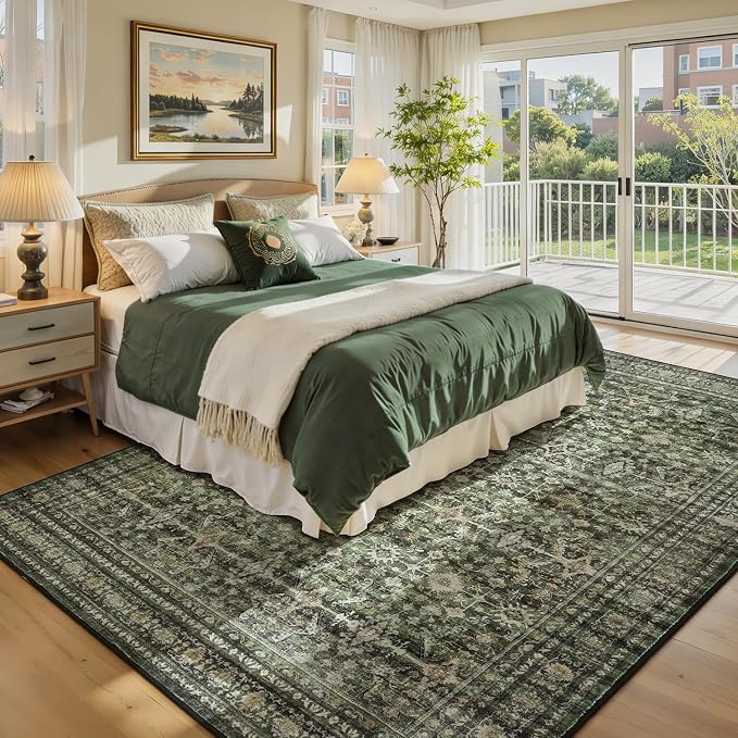 5x7 Washable Rugs, Area Rugs for Living Room, Bedroom, Kitchen, Vintage Boho Carpets, Soft Non-Slip Low Pile Large Area Rug for Dining Room Home Office Indoor Nursery, Olive Green
