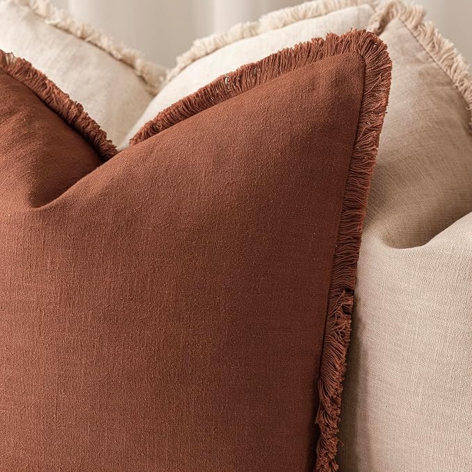 Foindtower Set of 2 Decorative Linen Fringe Throw Pillow Covers Farmhouse Cushion Cover with Tassels Soft Accent Pillowcase for Couch Chair Sofa Bed Living Room Home Decor,20×20 Inch,Fall Rust Orange