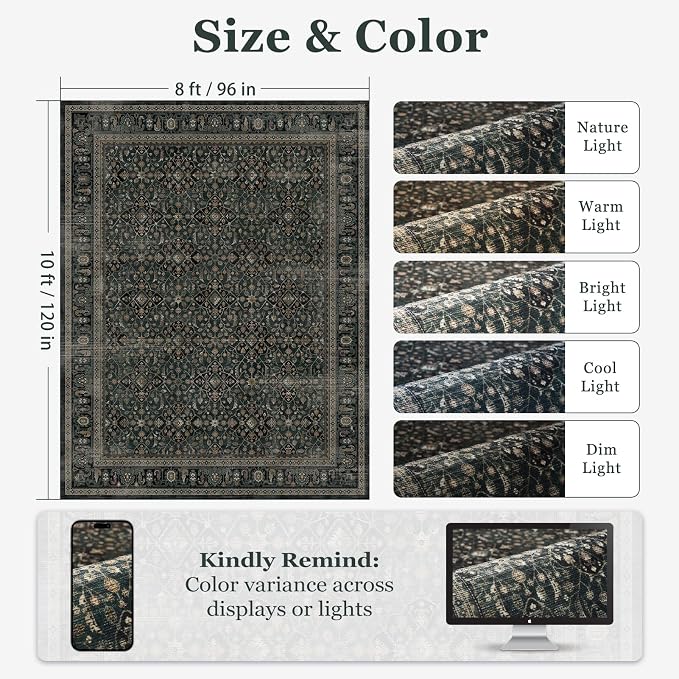 Dark Teal Washable 8x10 Area Rugs for Bedroom, Vintage Floral Trellis Colorful Accents Living Room Rug, Ultra Thin Non Slip Carpet Rug for Dining Room Under Table/Home Office/Guest Room