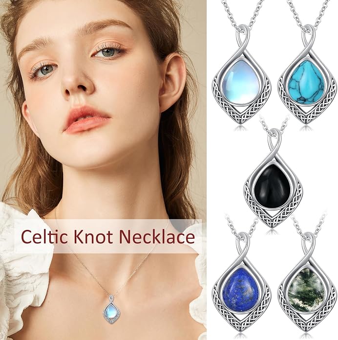 PELOVNY Celtic Knot Necklaces for Women 925 Sterling Silver Gemstone/Birthstone Teardrop Infinity Necklace Irish Celtic Pendant Jewelry Gifts for Mom Daughter Wife