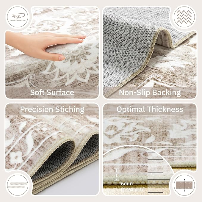 Soalmost 8x10 Area Rugs for Living Room, Washable Neutral Rug Light Brown | Vintage Floral Soft Stain Resistant Non-Slip Low Pile Thin Carpet for Dining Room Bedroom Kitchen Home Office Nursery 8'x10'