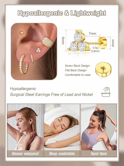 Dainty Big Small Hoop Earrings for Women Huggie Hypoallergenic Silver Gold Flat Back Stud Earrings Set 14K Gold Plated Luxury Cubic Zirconia Ear Cuff Cartilage Earrings for Multiple Piercing Jewelry Gifts for Women 5 Pairs