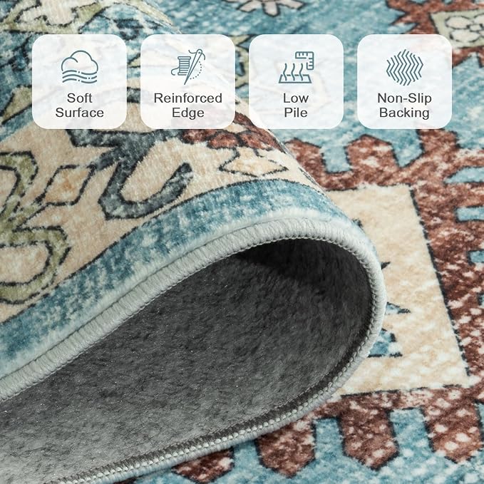Lofus Vintage Living Room Rugs 8x10, Soft Machine Washable Area Rug for Bedroom Indoor Floor Home Office House Decor, Oriental Traditional Distressed Farmhouse Carpet, Boho Terracotta and Blue