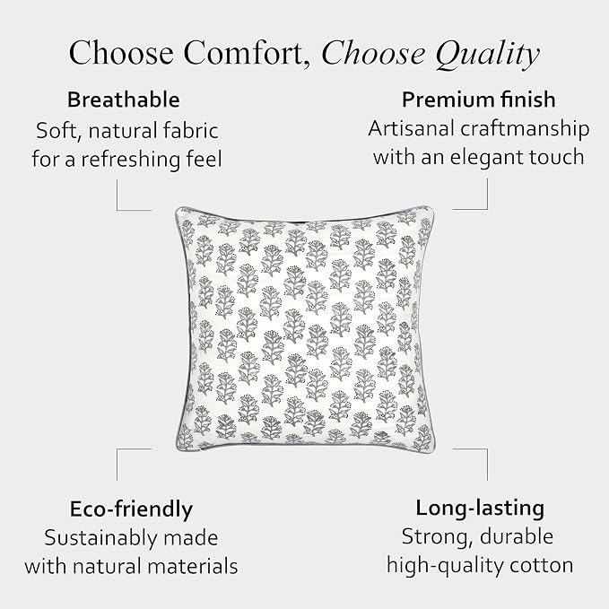 CPC 100% Cotton Throw Pillow Covers 18x18 Inch, Set of 2 Pink Block Print Pattern Couch Pillow, Cute Boho Decorative Pillows for Living Room, Bedroom with Hidden Zipper- Misty Grey Floral
