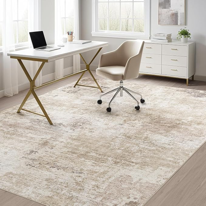 Abstract 9x12 Area Rug: Machine Washable Non Slip Ultra Thin Low-Pile Carpet, Soft Stain Resistant for Living Dining Room Bedroom, Kid Pet Friendly, Robot Vacuum Compatible - Brown