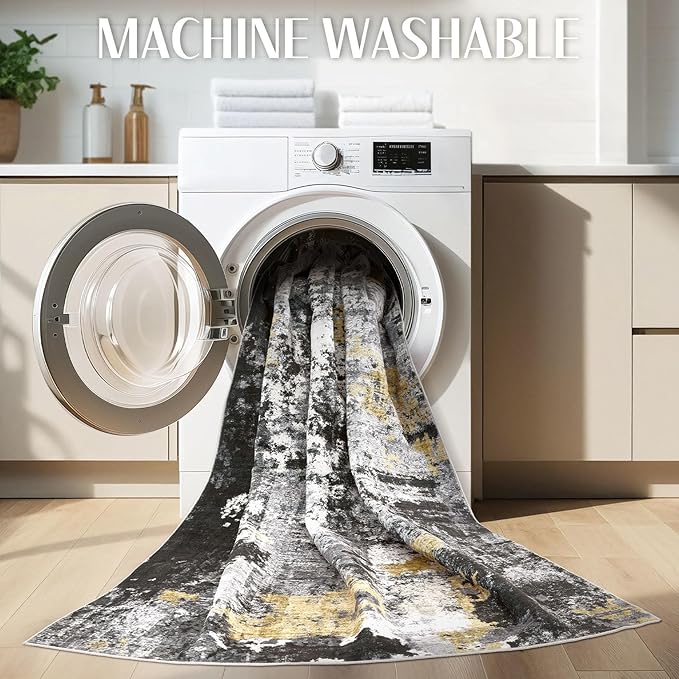 Abstract 8x10 Area Rug: Machine Washable Non Slip Ultra Thin Low-Pile Carpet, Soft Stain Resistant for Living Dining Room Bedroom, Kid Pet Friendly, Robot Vacuum Compatible - Black Gold