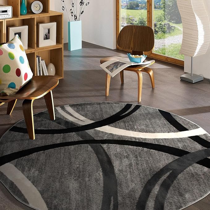 Rugshop Wavy Circles Jute Backing Living Room Dining Room Round Rug Gray 8'