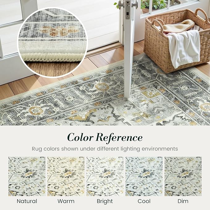 Earthy Taupe Vintage 8x10 Living Room Rug - Light Grey Distressed Boho Aesthetic Geometric Decor Carpet, Washable Low Pile Non-Slip Extra Large Area Rugs for Dining Under Table Bedroom Lounge