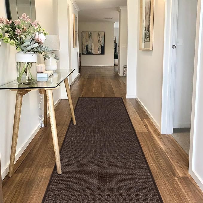8ft Natural Jute Hallway Runner Rug Non Slip Washable, Rubber Backed Long Indoor Entryway Runner, Absorbent Kitchen Carpet Sink Rug, Deep Brown