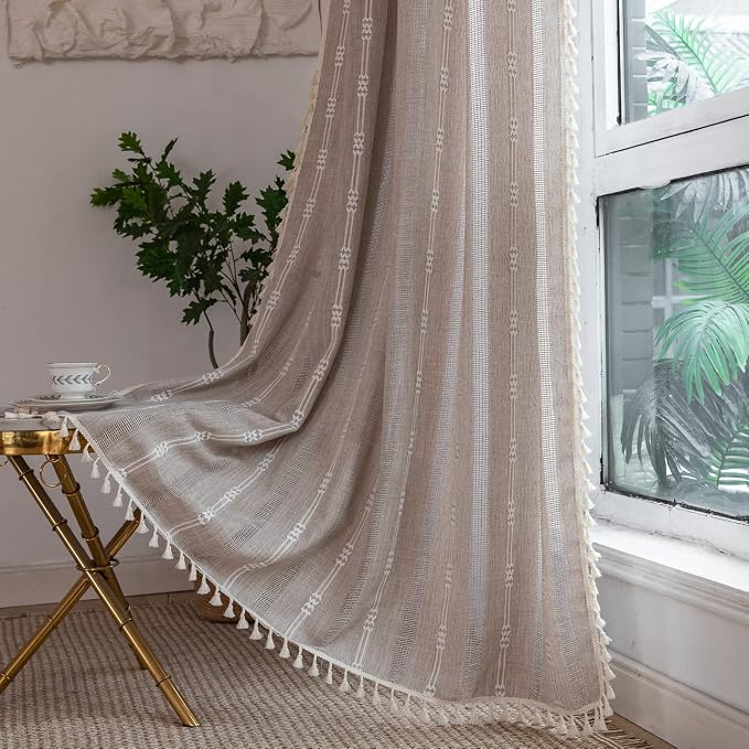 Linen Curtains 108 Inches Long for Living Room 2 Panels Set, Embroidery Farmhouse Tassel Boho for Bedroom Light Filtering Window Rod Pocket Drapes (52" W x 108" L, Khaki)