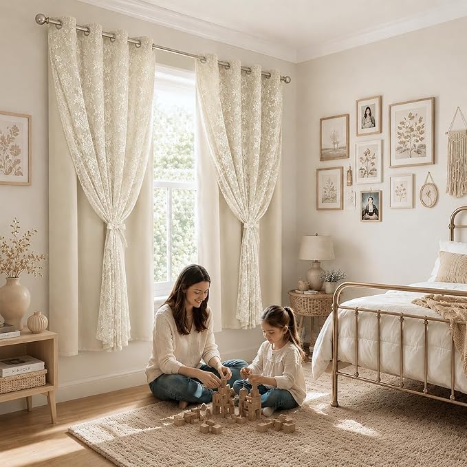 Yinhua Beige Blackout Curtains Double Layer Curtains for Bedroom 63 Inch Length Nursery Curtain for Living Room, Grommet Drapes with Tiebacks, 2 Panels, 52" W x 63" L