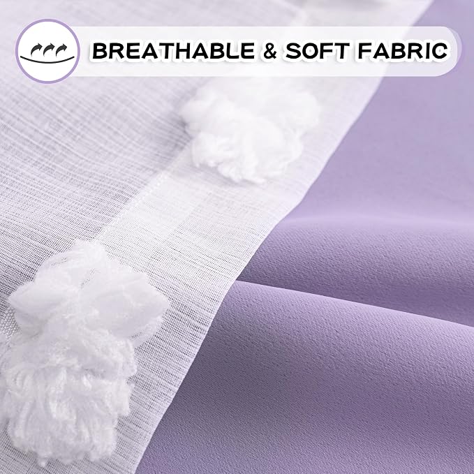 MYSKY HOME Purple Curtains for Girls Bedroom 90 Inches Long Nursery Drapes with White Pom Pom Sheer Curtain for Living Room Back Tab Double Layer Darkening Window Panels W52 X L90, 2 Pieces