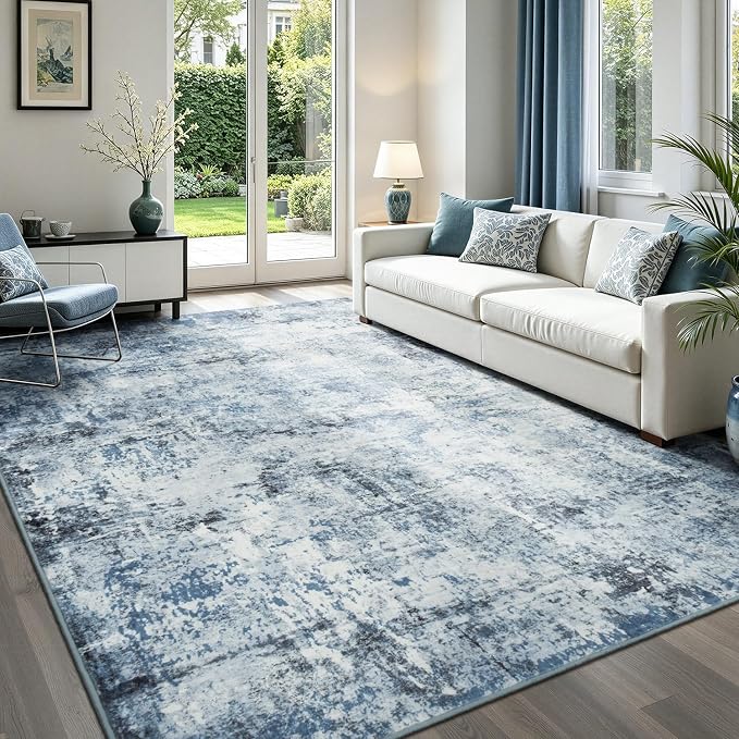 Rugflix 5x7 Area Rugs for Living Room, Washable Large Rug Stain-Resistant Low Pile, Modern Dark Carpet for Dining Room Home Office Kid Room Nursery Bedroom, Blue Grey/Black