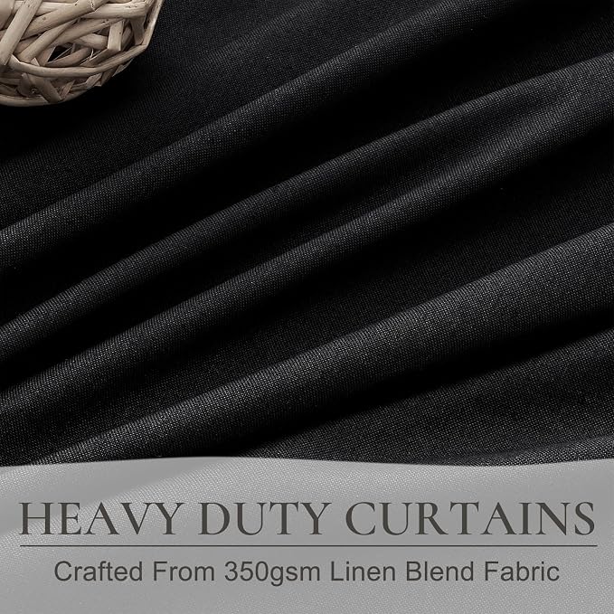 Unique 86 Inch Black Blackout Curtains for Bedroom, Farmhouse Style Linen Room Darkening Drapes 2 Panels Set with Rod Pocket Track Thick Soundproof Pleated Curtain for Dining Room 84-86 Inches Windows