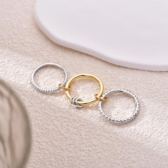 14K Gold Plated Interlocked Stackable Rings for Women Non Tarnish,Gold and Silver Cubic Zirconia Statement Rings Set,Mixed Metals Ring Two-Toned Connected Bands Stacking Jewelry
