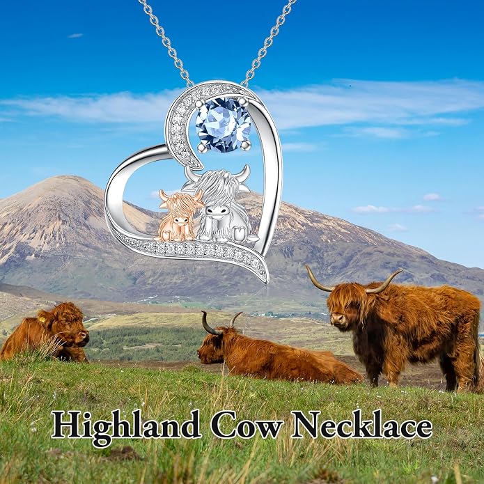 Highland Cow Gifts for Women 925 Sterling Silver Highland Cow Birthstone Necklace Fluffy Cow Jewelry Gifts Birthday Christmas