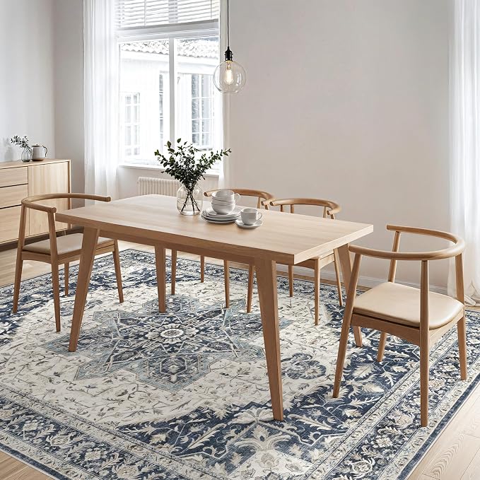 Tortania Area Rug Living Room Rugs - 8x10 Washable Boho Rug Vintage Oriental Distressed Farmhouse Large Thin Indoor Carpet for Living Room Bedroom Under Dining Table Home Office - Indigo