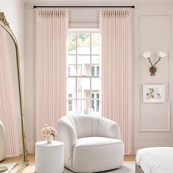 Light Pink Linen Curtains Pinch Pleated 96 Inch Length 2 Panels for Nursery Baby Girls Bedroom Semi Sheer Light Filtering Pleated Linen Curtains for Living Room Bedroom Dusty Blush Pink