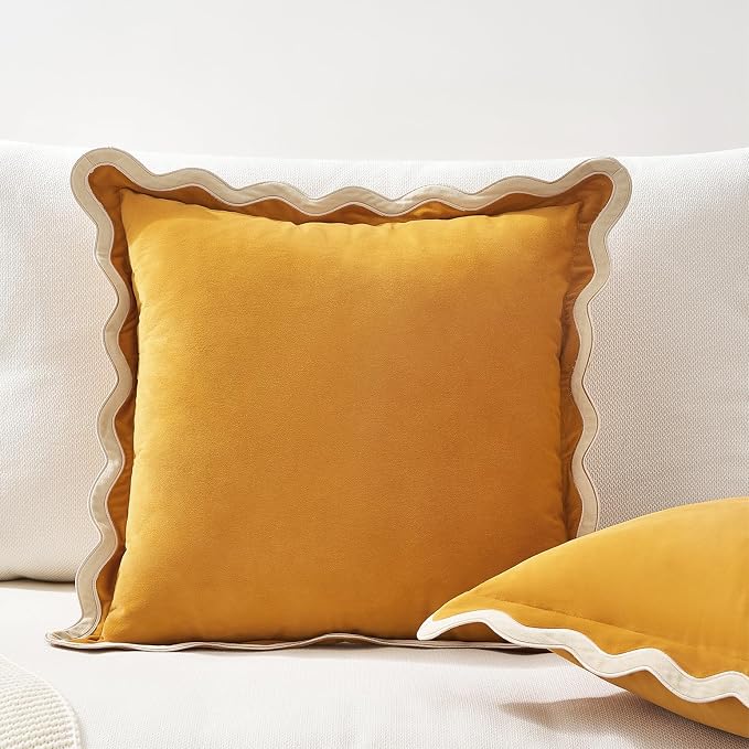 MONDAY MOOSE Decorative Throw Pillow Covers Cushion Cases, Set of 2 Soft Velvet Scalloped Wavy Edge Designs, Mix and Match for Home Decor, Pillow Inserts Not Included (18x18 inch, Cream/Honey)