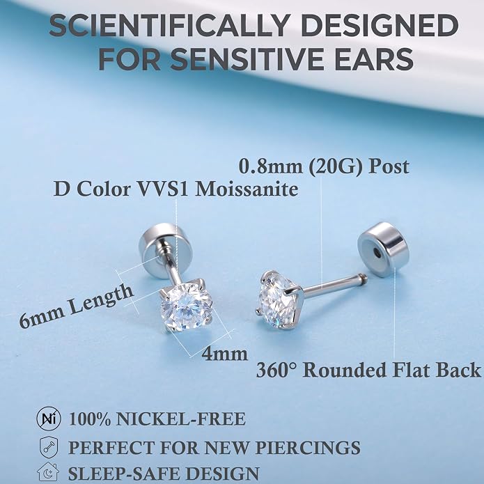 Moissanite Flat Back Earrings for Sensitive Ears | Implant Grade F136 Titanium Studs for Women Men | 18K White Gold Plated Hypoallergenic Sleep In Cartilage Lobe Piercing Jewelry, D Color VVS1 (3mm 4mm 5mm)