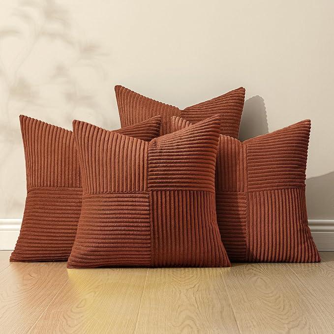 MIULEE Fall Boho Farmhouse Rust Decorative Throw Pillow Covers 20x20 Inch 4 Packs Soft Vintage Pillow Cases Modern Corduroy Patchwork Cushion Covers for Couch Sofa Bed Home Decor, Terracotta