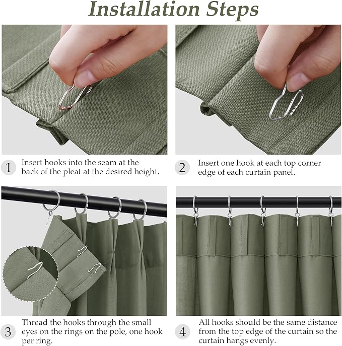 Aersas Forest Green 90 Inch Linen Curtains Pinch Pleated for Living Room Bedroom Dining Light Filtering Pinch Pleat Drapes with Hooks Rings Boho Farmhouse Semi Sheer Window Curtain 2 Panels Set 40x90