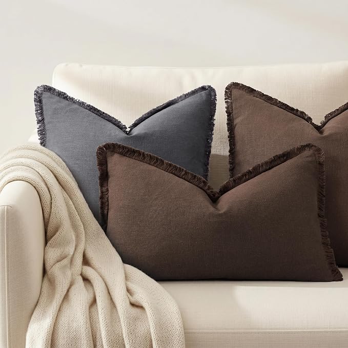 decorUhome Linen Fringe Chocolate Throw Pillow Covers 12x20 Set of 2 | Decorative Soft Accent Modern Boho Farmhouse Lumbar Cushion Covers with Tassels Cotton Pillow Covers for Couch Bed Sofa