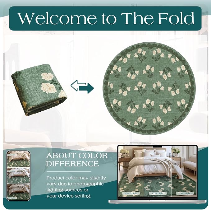 Sage Green 3ft Entryway Round Rug - 3x3 Small Washable Boho Floral Scalloped Round Bathroom Rug Non Slip Front Door Mat Indoor Stain Resistant Circle Area Rugs for Bedroom Entryway Kitchen