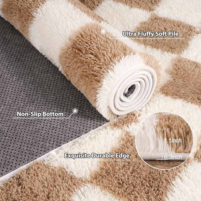 Pionblank 9x12 Area Rug, Large Fluffy Checkered Rugs for Living Room, Shag Rug for Bedroom, Soft Non Slip Shag Carpet for Kids Room Nursery Home Decor, Beige and Cream White