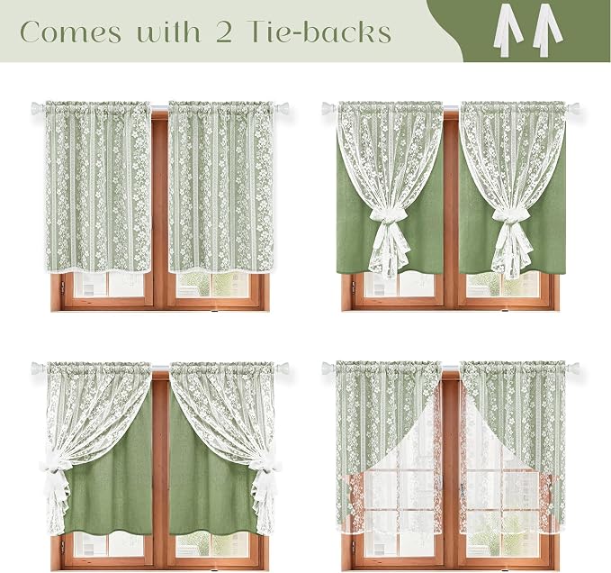 ASPMIZ Linen Kitchen Curtains Double Layer Kitchen Window Curtains Over Sink 36 Inch Sage Green Tier Curtain Light Filtering Rod Pocket Cafe Curtain Short Window Treatments with 2 Tiebacks, 26x36