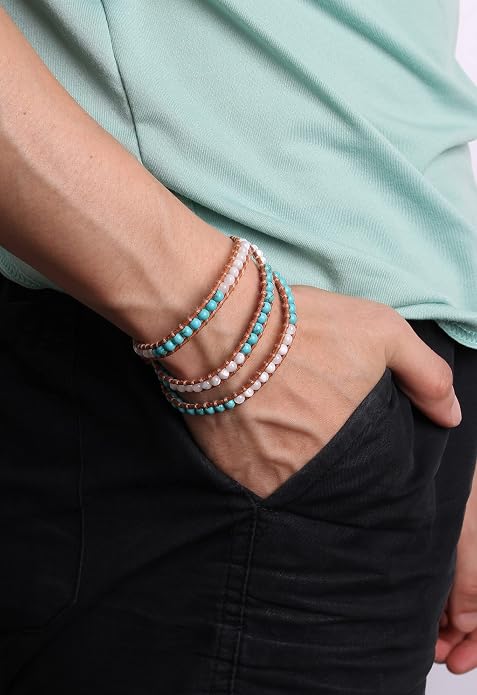 KELITCH Turquoise Beads Bracelets Leather 3 Wrap Bracelet Handmade Women Heart Jewelry