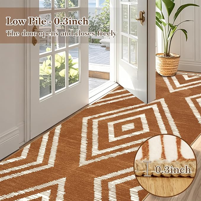 Boho 4x10 Hallway Runner Rugs Non Slip, Long Brown Washable Farmhouse Kitchen Rug Runners Non Shedding, Moroccan Floor Carpets for Bedroom Entryway Living Room Home Decor