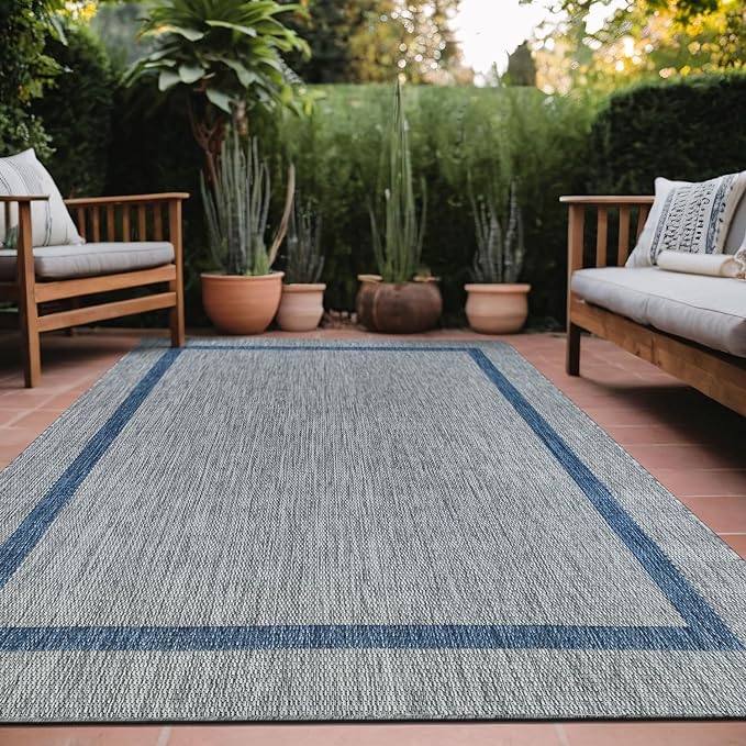Luul Home Bordered Outdoor Rug 5x7 Washable Outside Carpet for Indoor Patio Porch Waterproof Easy Cleaning Non Shedding Area Rugs Silver Gray - Blue 5 x 7