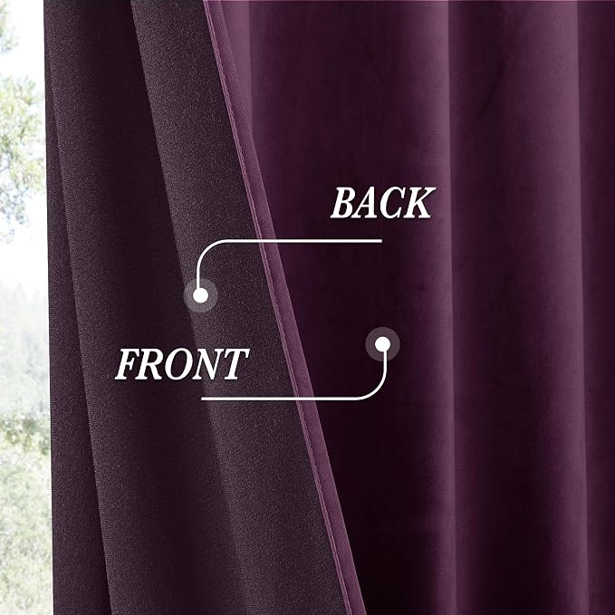 RYB HOME Eggplant Purple Velvet Curtains for Bedroom Living Room, Thermal Insulated Privacy UV Heat Blocking Luxurious Soft Rod Pocket Back Tab Drapes for Nursery, 52" W x 96" L, 2 Panels