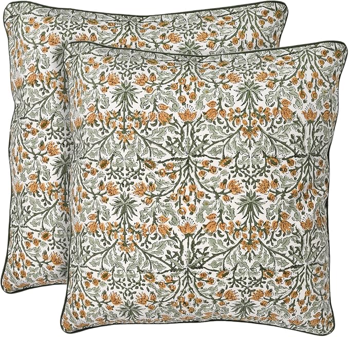 Ridhi Block Print Goldenrod Yellow Pillow Cover 20" x 20" (Pack of 2) Decorative Couch Pillows for Living Room, Farmhouse Chic Boho Cute Outdoor Pillows Covers Gifts for Spring, Mother's Day