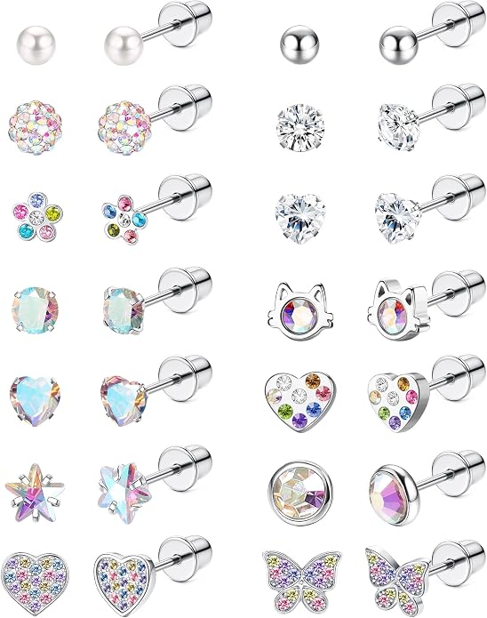 LOYALLOOK 14Pairs Hypoallergenic Screwback Earrings for Women Girls Tiny CZ Pearl Ball Heart Flower Screw Back Earring Studs 316L Stainless Steel Stud Earrings Flatback 20G Over 3 Years Old