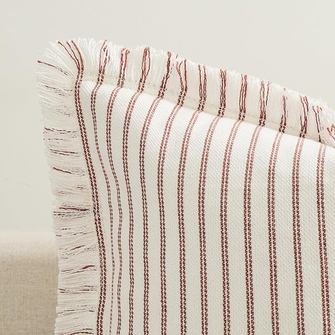 ZWJD Fall Throw Pillow Covers 22x22 Set of 2 Striped Pillow Covers with Fringe Chic Cotton Decorative Pillows Square Cushion Covers for Sofa Couch Bed Living Room Fall Decor,Rust