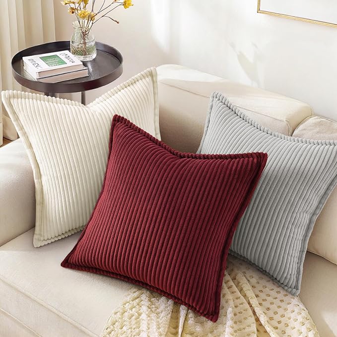 decorUhome Fall Corduroy Burgundy Throw Pillow Covers 16x16 Set of 2 | Couch Decorative Soft Modern Boho Farmhouse Pillow Covers Broadside Striped Pillow Cases for Living Room Bed Sofa