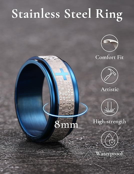 King Will 8mm Black/Gold/Silver Stainless Steel Ring Lord's Prayer Rotatable Ring Men Wedding Band Rings Comfort Fit