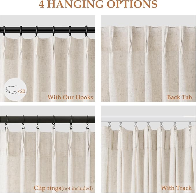 Natural Cream Linen Pinch Pleated Window Curtains 63 Inch Long Pinch Pleat Back Tab Light Filtering Drapes with Hooks Boho Farmhouse Decor Semi Sheer 63 Inch Curtain for Bedroom Living Room Kitchen