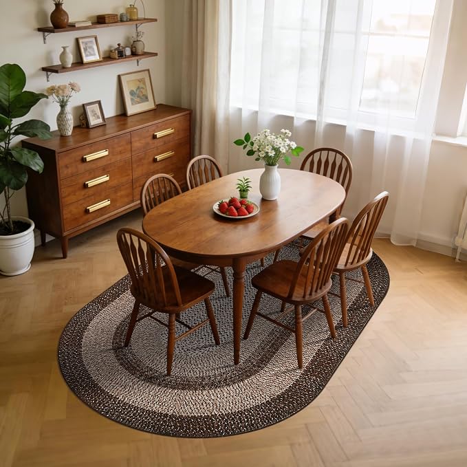 5x8 Oval Living Room Area Rug Washable Modern Border Bedroom Bedside Area Rugs Non Slip Low Pile Dining Room Oval Throw Carpet Contemporary Rugs for Living Room Kitchen Nursery, Brown