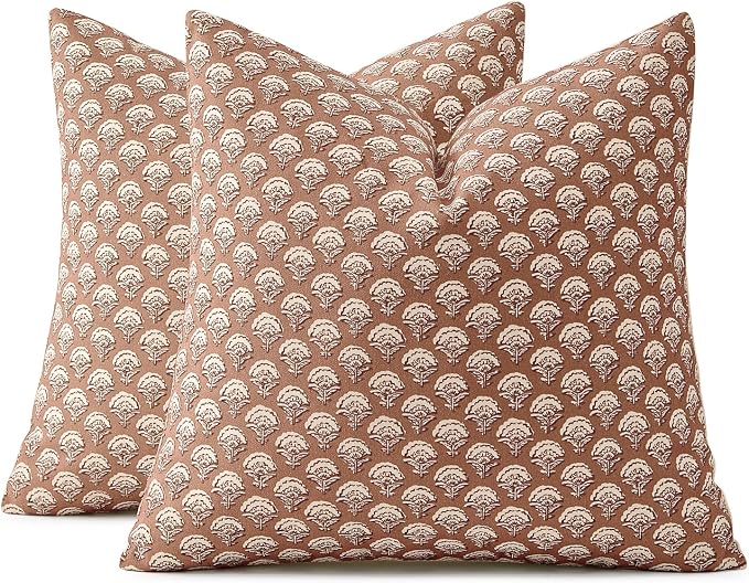 MIULEE Set of 2 Decorative Floral Pillow Covers Neutral Vintage Throw Pillows Block Print Boho Farmhouse Cushion Covers for Modern Spring Home Decor Couch Sofa Bed Living Room, 20x20 Inch, Almond