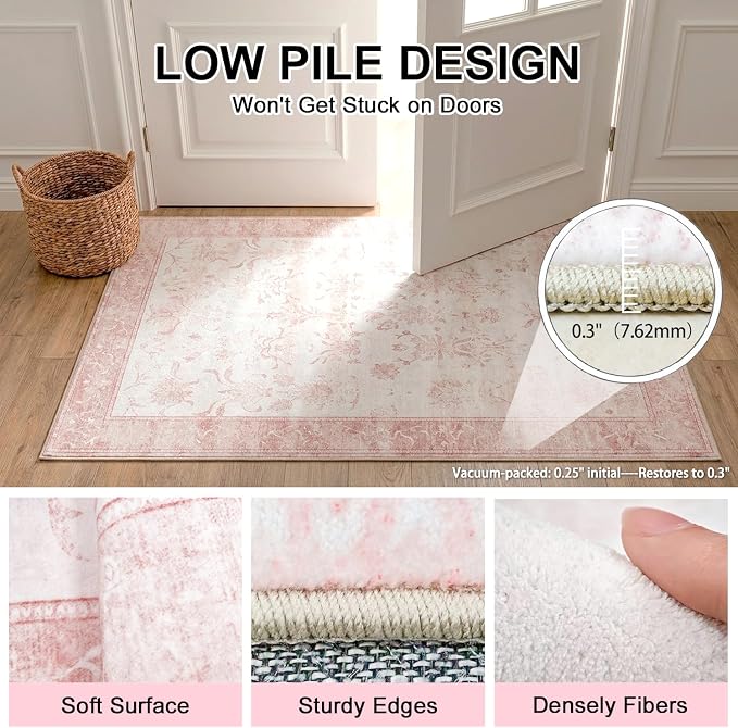 Large Floral Washable Area Rug, 0.3" Low Pile Vintage Nursery Rug, Non-Slip Cotton-Backed Silicone Grip, Spill Resistant Soft Carpet for Girls Bedroom, 8'x10', Blush Pink/White