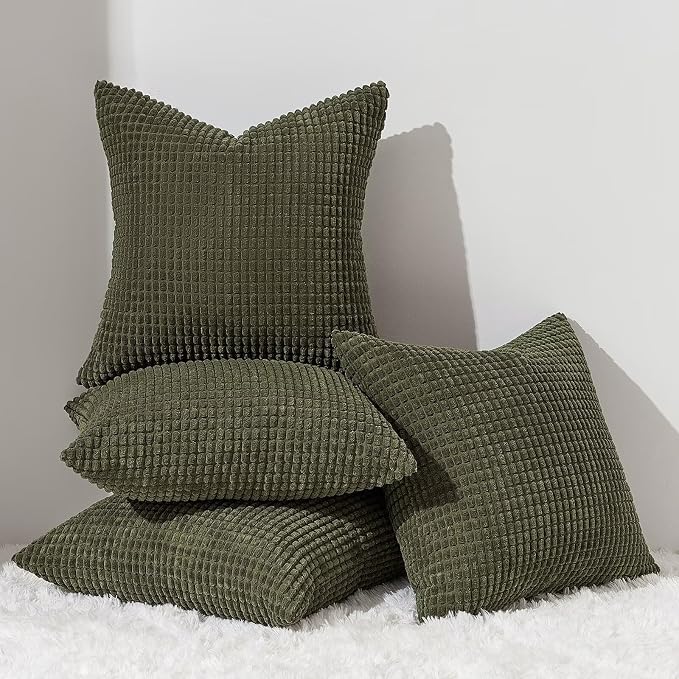 Topfinel OliveGreen Decorative Throw Pillow Covers 16x16 Inch Cute Boho Stripe Soft Corduroy Modern Farmhouse Spring Home Decor 4 Packs Pillow Covers for Sofa Living Room Couch Bed 40x40 cm