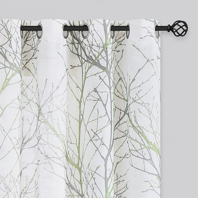 FMFUNCTEX Linen Sage Green White Semi Sheer Curtains 108 Inch Long 2 Panels | Extra Long Sheer Branch Patterned Drapes, Light Filtering Grommet Panels for Tall Bedroom, Living Room, and Farmhouse Windows