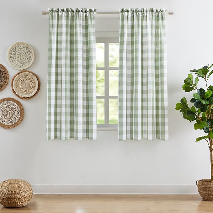 Farmhouse Sage Green Buffalo Plaid Curtains 72 Inches Length | Semi Sheer Checkered Drapes,Yarn Dyed Fabric,Rustic Window Treatment for Bedroom Living Room Nursery,Rod Pocket,40"Wx72"Lx2