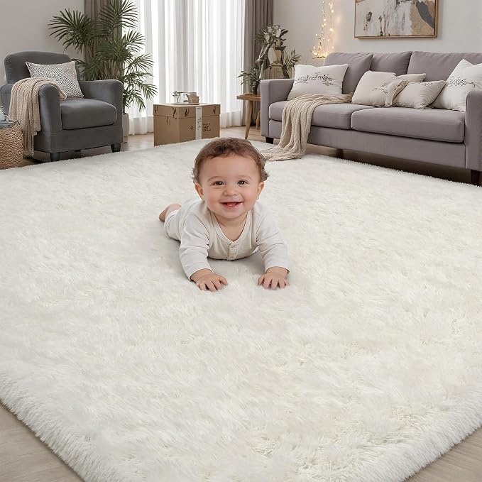Area Rug for Living Room Bedroom: 4x6 White Soft Fluffy Shag Upgrade Non-Slip High Pile Carpet Large Fuzzy Plush Indoor Floor Decor Shaggy Rug for Kid Boys Girls Dorms Playroom Nursery Modern Home