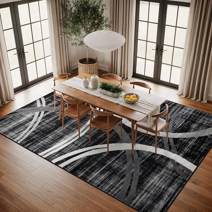 Rugshop Wavy Circles Modern Non-Shedding Large Area Rug Black 8'8" x 12'