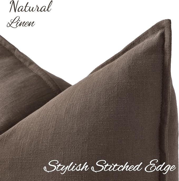 decorUhome Fall Brown Linen Throw Pillow Covers 24x24 Set of 2 | Decorative Soft Cozy Modern Farmhouse Boho Accent Pillow Cases with Flange Edges for Couch Bed Sofa Living Room Home Decor